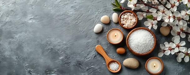 Poster - Zen Inspired Spa Arrangement with Salt Candles Wood Bowls and Cherry Blossoms on a Gray Surface : Generative AI