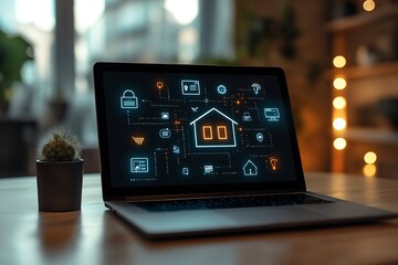 Poster - Laptop Displaying Smart Home Interface with Glowing Icons Connected Living Technology : Generative AI