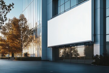 Aufkleber - Modern Office Building Exterior with Blank Billboard Space Sleek Architecture and Fall Foliage against Clear Blue Sky : Generative AI