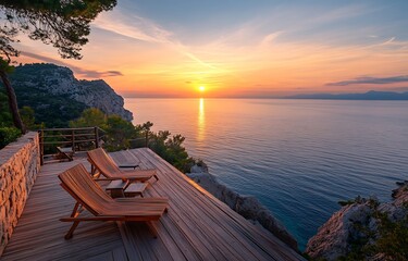 Poster - Serene sunset view from a wooden deck overlooking a calm sea with hills in the background : Generative AI