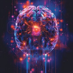 Poster - Stylized brain interconnected with vibrant circuitry represents the concept of artificial intelligence.