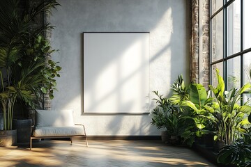 Poster - Blank Frame Mockup in a Tropical Inspired Room Filled with Lush Green Plants and Natural Light Perfect for Art Display : Generative AI