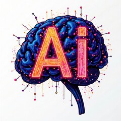 Poster - A creative representation of a brain shimmering with bright colors and intricate patterns. The letters Ai glow vividly symbolizing innovation and technology in a captivating way.
