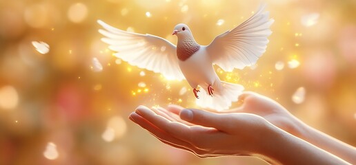 Poster - A magnificent dove takes flight from open hands glowing with ethereal light : Generative AI
