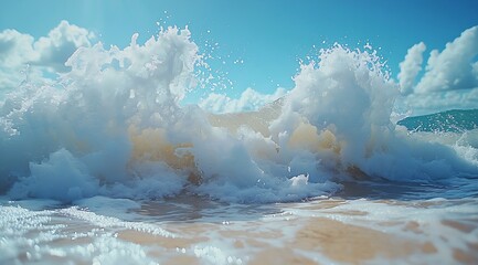 Poster - Crashing Ocean Wave on Sandy Beach A Dynamic Coastal Scene of Water Foam and Sunlight Under a Blue Sky : Generative AI