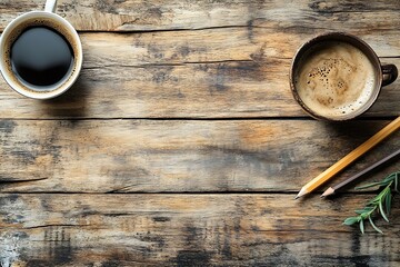 Aufkleber - Cozy Workspace Coffee Pencils and Wooden Desk Overhead Shot for Creative Inspiration and Productivity : Generative AI