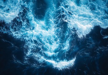 Leinwandbilder - Aerial View of Ocean Waves Deep Blue Sea with White Foamy Water Nature Background Abstract Texture and Pattern : Generative AI