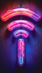 Poster - Against a dark and textured background a vibrant Wi-Fi symbol illuminates with neon colors representing seamless digital connectivity and the fusion of aesthetics and technology.