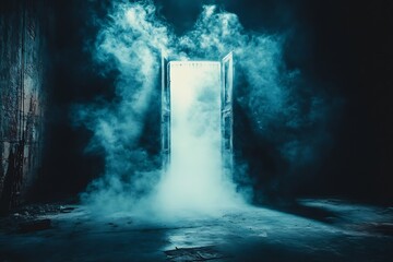 Aufkleber - Mysterious Open Doorway with Eerie Smoke and Light Dark Abandoned Room Haunted House Concept Fantasy Portal to Another World : Generative AI