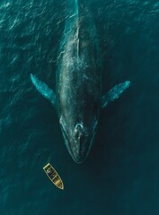 Aufkleber - Stunning Aerial View of a Majestic Whale Swimming Next to a Small Fishing Boat : Generative AI