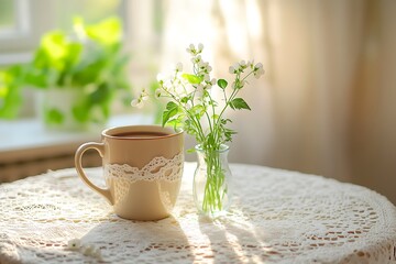 Wall Mural - Intimate Mother's Day breakfast with a cozy mug of mocha coffee and a small vase of sweet peas on a lace-covered table in a sunlit room.