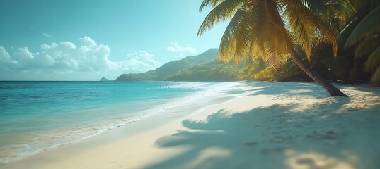 Poster - Idyllic Tropical Beach Paradise with Palm Tree and Turquoise Water Vacation Destination Caribbean Getaway : Generative AI