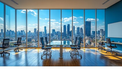 Aufkleber - Modern Office Conference Room with City View Contemporary Design Meeting Space with Glass Table and Ergonomic Chairs : Generative AI