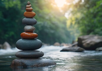 Poster - Balanced Stone Stack in River Zen Meditation Nature Serenity Peaceful Landscape Harmony and Wellness : Generative AI