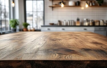 Aufkleber - Rustic Wooden Table in Kitchen with Blurred Background of Utensils and Jars Culinary Scene Focus : Generative AI