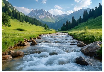 Aufkleber - Gentle stream meandering through verdant valley framed by majestic mountains and evergreen trees : Generative AI
