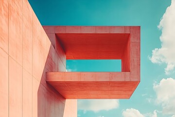 Aufkleber - Architectural Modernism Abstract Pink Building Exterior with Open Square Design Against a Vibrant Blue Sky with Clouds : Generative AI