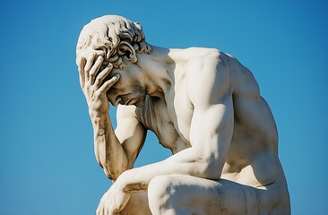 Poster - Profound Thoughts Captured in Marble Sculpture of a Male Figure Deep in Reflection and Emotion : Generative AI