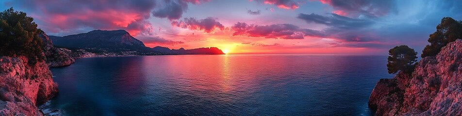 Poster - Sunset Over Ocean with Rocky Coastline and Vibrant Sky for Scenic Travel and Coastal Landscape Photography : Generative AI