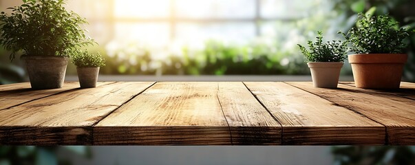 Aufkleber - Sunlit Rustic Wooden Tabletop with Green Plants Perfect for Product Display or Nature Inspired Background : Generative AI