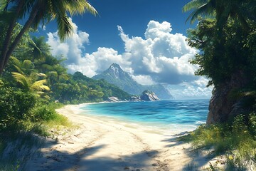 Aufkleber - Idyllic Tropical Beach Scene with Turquoise Water Palm Trees and White Sand Caribbean Paradise Vacation and Summer Getaway : Generative AI