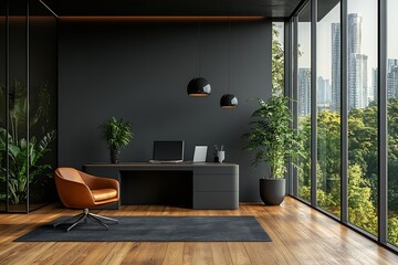Aufkleber - Modern Office with City View and Lush Plants Stylish Interior Design Comfortable Workspace Executive Suite Business and Productivity : Generative AI