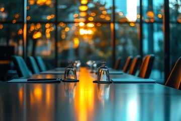 Aufkleber - Elegant Conference Room with Long Table Water Glasses and City View at Sunset for Corporate Meetings : Generative AI