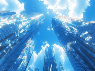 Poster - Skyscrapers Reaching for the Sky Modern Architecture with Glass Facades Reflecting Blue Sky and Clouds : Generative AI