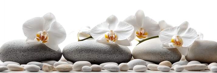 Poster - Zen Still Life with White Orchids and Smooth Stones for Relaxation Meditation Mindfulness and Spiritual Wellness : Generative AI