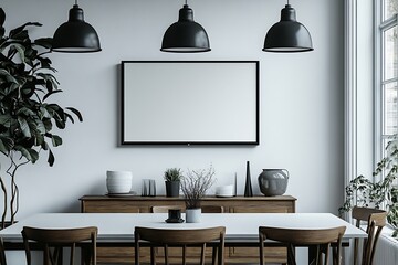 Poster - Modern Dining Room Interior with Blank Frame Mockup Contemporary Home Decor Design : Generative AI
