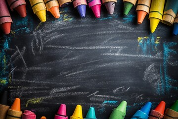 Aufkleber - Colorful Crayons Border on Dark Chalkboard Background School Supplies Frame Education Concept Still Life : Generative AI