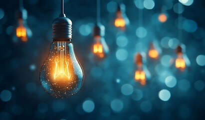 Fototapete - Glowing Light Bulbs Hanging in Darkness Abstract Conceptual Image Symbolizing Ideas Innovation and Electric Illumination : Generative AI