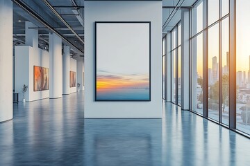 Poster - Modern Art Gallery with Sunset Painting and City View Showcase of Contemporary Artwork and Design : Generative AI