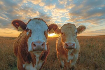 Poster - Curious Cows at Sunset Adorable Dairy Cows Posing in a Field Agriculture Farm Animals and Livestock : Generative AI