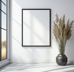 Poster - Blank Frame Mockup on White Wall with Pampas Grass in Vase Minimalist Interior Design and Modern Home Decor : Generative AI