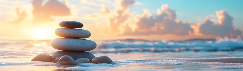 Leinwandbilder - Stacked Stones on Beach at Sunset Serene Coastal Landscape Balancing Rocks Harmony Nature Ocean Waves Sky Beauty Tranquility : Generative AI