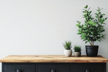 Poster - Elegant Home Decor with Potted Plants on Wooden Dresser Against White Wall Enhances Interior Design : Generative AI