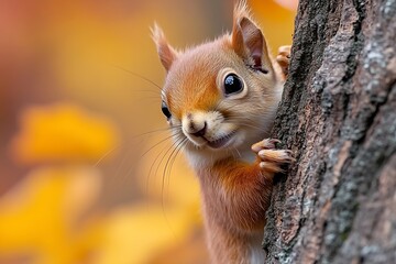 Poster - Curious Red Squirrel Peeking from Behind a Tree Trunk in Autumn Close Up Portrait of a Wild Animal in Nature : Generative AI