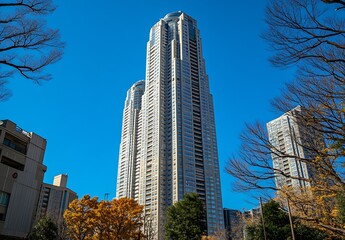 Fototapete - Elegant Towering Building Surrounded by Autumn Foliage Under a Clear Blue Sky : Generative AI