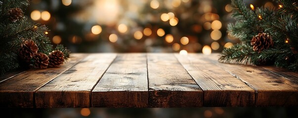 Poster - Rustic Wooden Tabletop with Christmas Tree and Lights Bokeh for Holiday and Festive Backgrounds : Generative AI