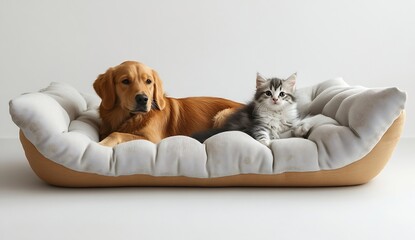Poster - Adorable Golden Retriever Dog and Kitten Cuddling Together in a Pet Bed : Generative AI
