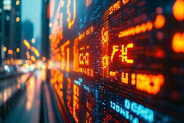 Leinwandbilder - Stock Market Data Display on LED Screen Financial Analysis Trading Information Investment Opportunity Cityscape at Night Blur : Generative AI