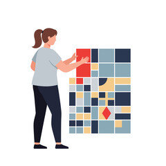 Poster - Woman interacting with colorful geometric shapes in flat vector art