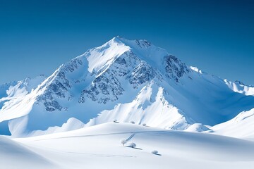 Aufkleber - Snowy Mountain Peak Under Clear Blue Sky Winter Landscape and Alpine Scenery Adventure and Outdoor Recreation Destination : Generative AI