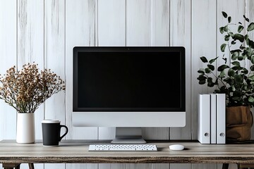 Aufkleber - Modern Workspace Setup with Desktop Computer Flowers and Green Plant on Wooden Desk Against White Wood Paneling : Generative AI