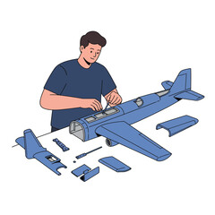 Poster - Person assembling a model airplane in a flat vector illustration