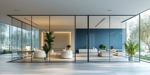Leinwandbilder - Modern Office Interior Sleek Glass Walls Contemporary Furniture and Lush Greenery Creating a Stylish Workspace : Generative AI