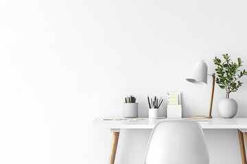Fototapete - Minimalist White Desk with Plants and Stationery Home Office Decor and Workspace Style Study Room Elegant Interior : Generative AI