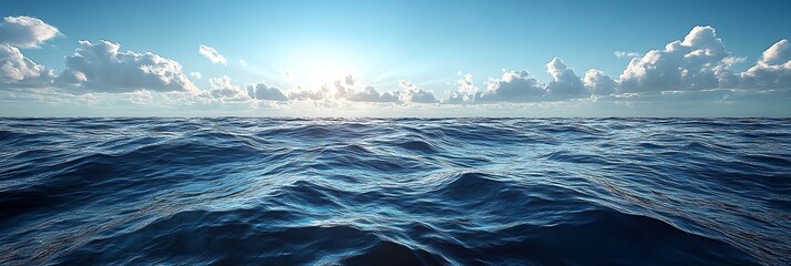 Leinwandbilder - Vast Ocean View with Clear Blue Sky and Sun Rays Shining Through Clouds Serene Seascape Background Water Surface : Generative AI