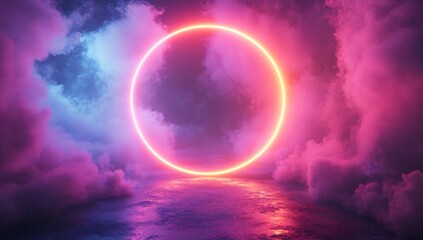 Poster - Neon Circle Frame on Dark Ground With Soft Pink and Blue Smoke Effect in Abstract Interior Space : Generative AI